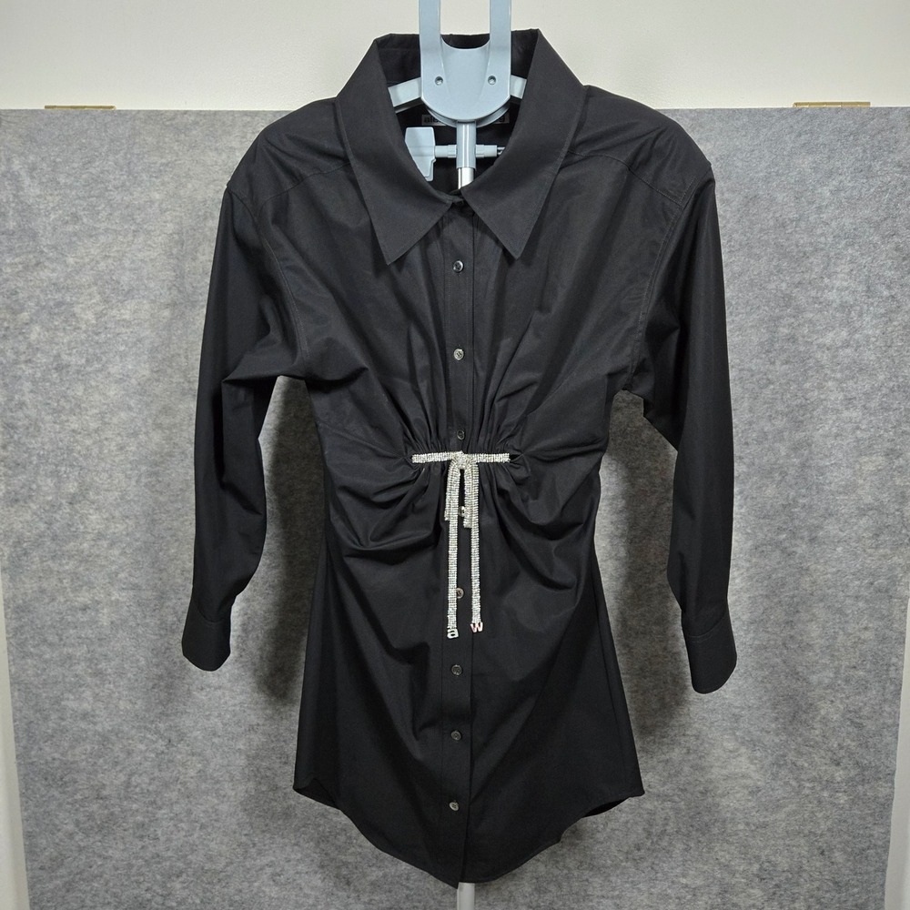 Alexander Wang Womens Black Crystal Bow Cinched‎ Button Down Shirt Dress XS/S